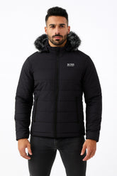 Men’s Black Oversized Fur Hood Puffer Jacket